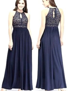 Nightway Midnight Blue Halter Lace Maxi Dress US 12 Wedding Prom Evening Gown